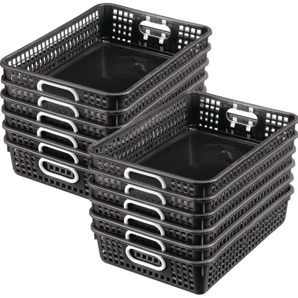 Really Good Stuff Small Plastic Paper Baskets, 14" x 10" x 3.25", 12 Pack, Black, Plastic Mesh Baskets for Classroom, Home, and Office, Fits A4 Paper, Documents, Files, Magazines