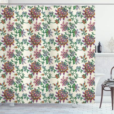 Ambesonne Bohemian Shower Curtain, Retro Colorful Flowers Pattern Exquisite Blooms Boho Vintage Floral Art, Cloth Fabric Bathroom Decor Set with Hooks, 69" W x 84" L, Cream Jade Green Blue
