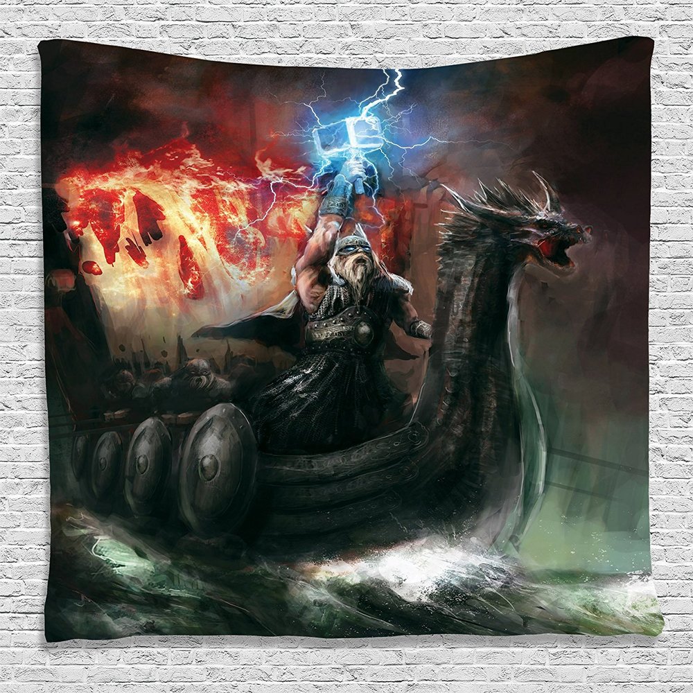 Ambesonne Dragon Tapestry, Imaginary Wrath of Vikings Royal Boat Animal Head Storm Rays, Wide Wall Hanging for Bedroom Living Room Dorm, 60" X 40", Charcoal Grey Red
