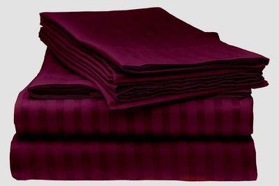 LaxLinen 100% Egyptian Cotton 4 PCs Bed Sheet Set (+24 Inch) Extra Deep Pocket Queen Sofa, Wine Stripe 600 Thread Count