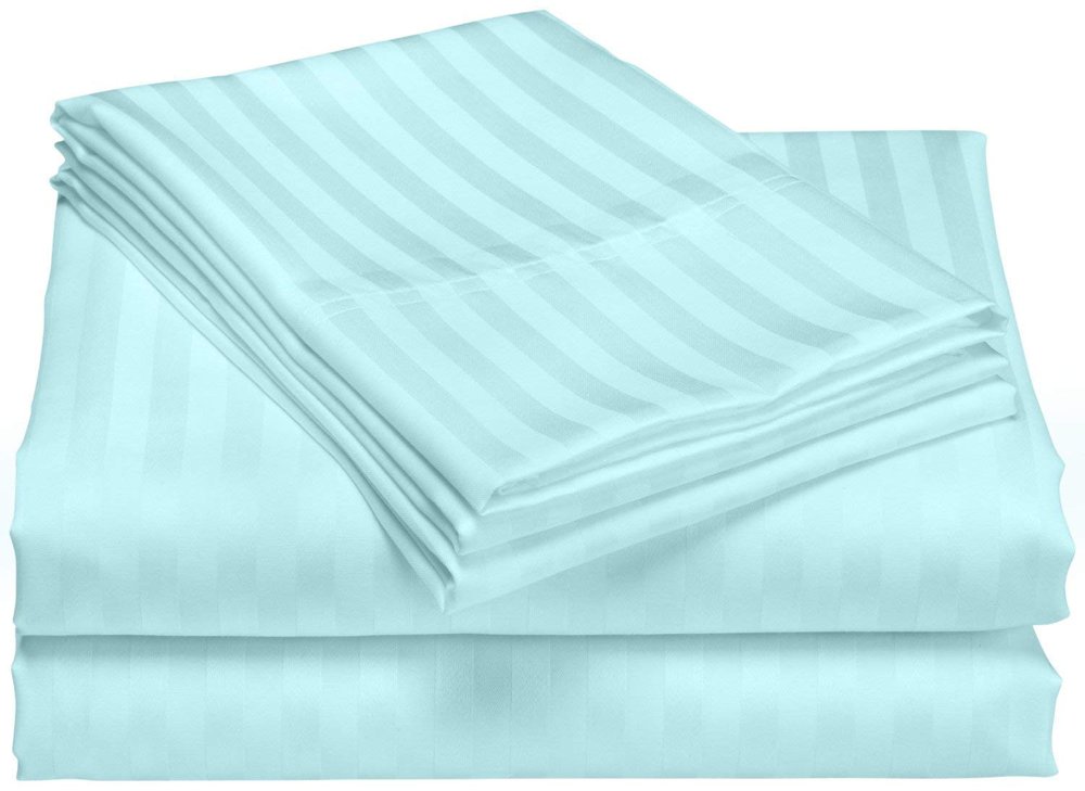 LaxLinen 100% Egyptian Cotton 4 PCs Bed Sheet Set (+24 Inch) Extra Deep Pocket King/Standard, Aqua Blue Stripe 600 Thread Count