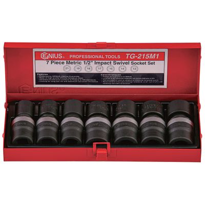 GENIUS TOOLS 7PC 1/2" Dr. Metric Swivel Impact Socket Set - TG-215M1