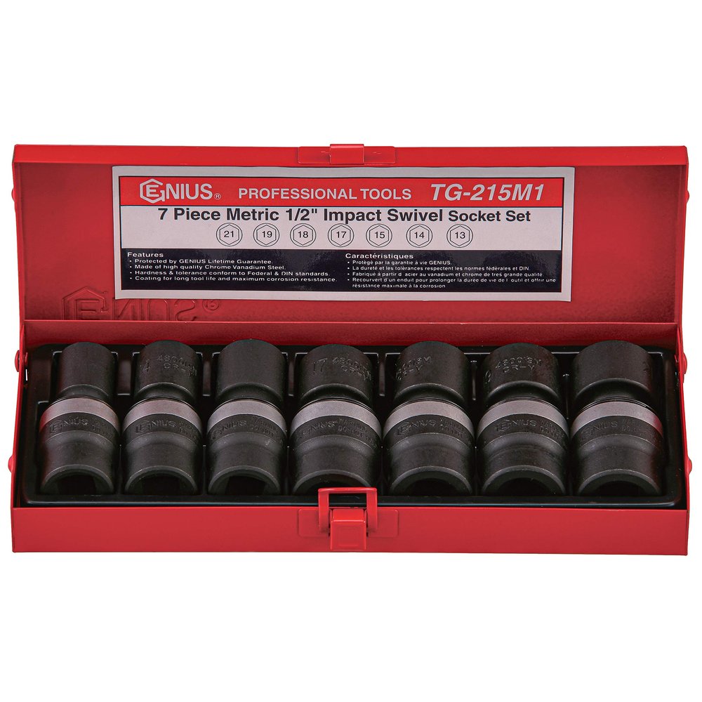 GENIUS TOOLS 7PC 1/2" Dr. Metric Swivel Impact Socket Set - TG-215M1