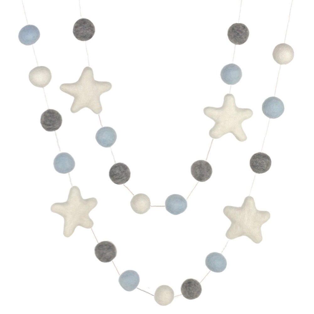 Felt Ball & Star Garland - 1" Balls, 2" Stars- 100% Wool Felt- Ice Blue, Gray, White- Christmas Mantle Banner, Winter Shelf Bunting, Baby Shower Nursery Decor, Children's Playroom,