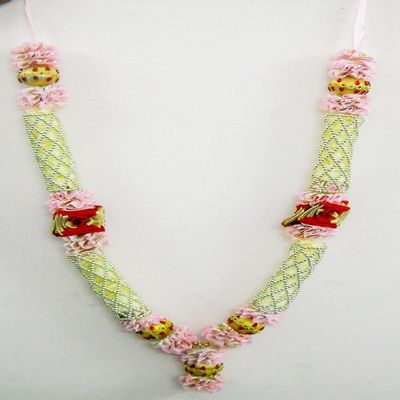 Crafts of India Pink and White Large Satin Ribbon Artificial Floral Garland Decorated with Heavy Motifs and Decorative Embellishments