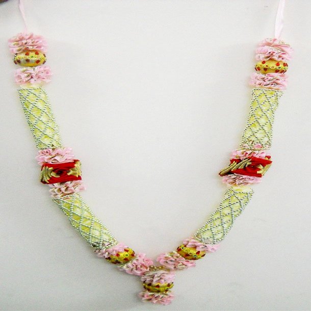 Crafts of India Pink and White Large Satin Ribbon Artificial Floral Garland Decorated with Heavy Motifs and Decorative Embellishments