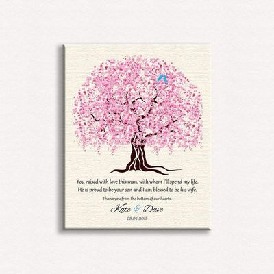 16X20 Custom Mounted Canvas Art Print Personalized Gift For Mother of Groom Parents You Raised With Love This Man Cherry Tree Canopy With Blue Birds Custom Wedding Art