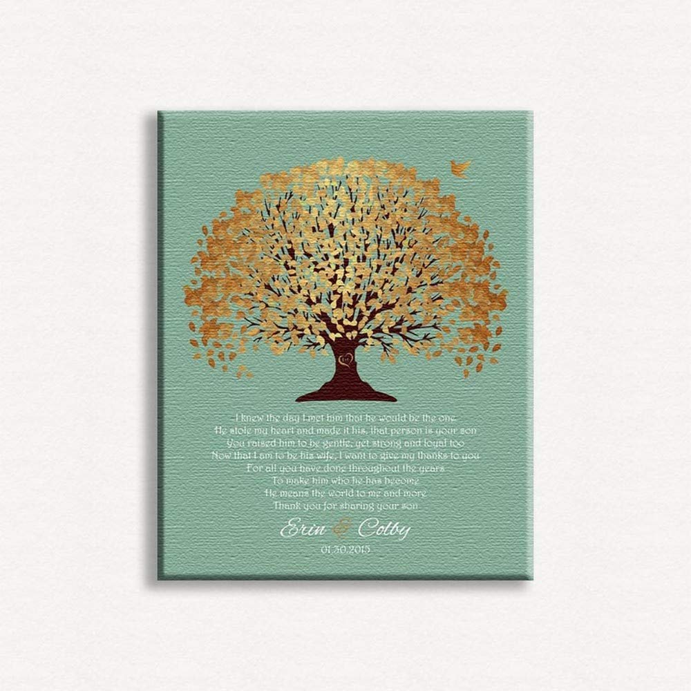16X20 Custom Mounted Canvas Art Print Personalized Gift For Mother of Groom Parents Golden Canopy Leaves on Seafoam Father of Groom Custom Wedding Art