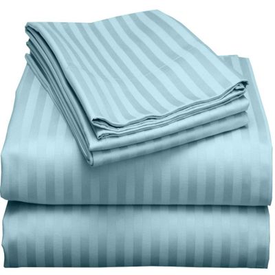 LaxLinen 100% Egyptian Cotton 4 PCs Bed Sheet Set (+24 Inch) Extra Deep Pocket Full Bed/Double Bed Size, Light Blue Stripe 600 Thread Count
