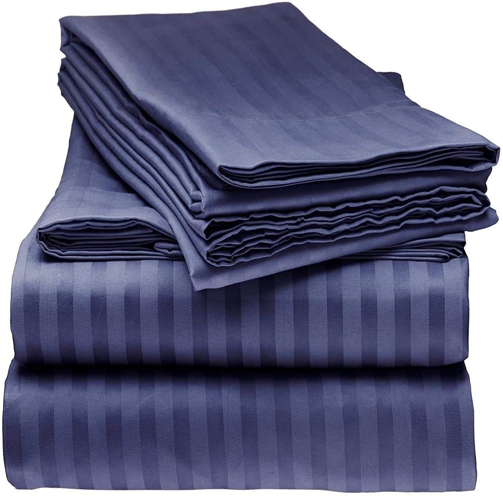 LaxLinen 100% Egyptian Cotton 4 PCs Bed Sheet Set (+24 Inch) Extra Deep Pocket California/King-Cal King, Navy Blue Stripe 600 Thread Count