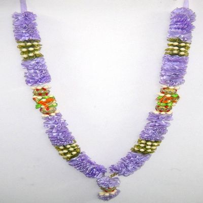 Crafts of India Mauve Colored Satin Ribbon Artificial Floral Garland Decorated with Motifs and Decorative Embellishments