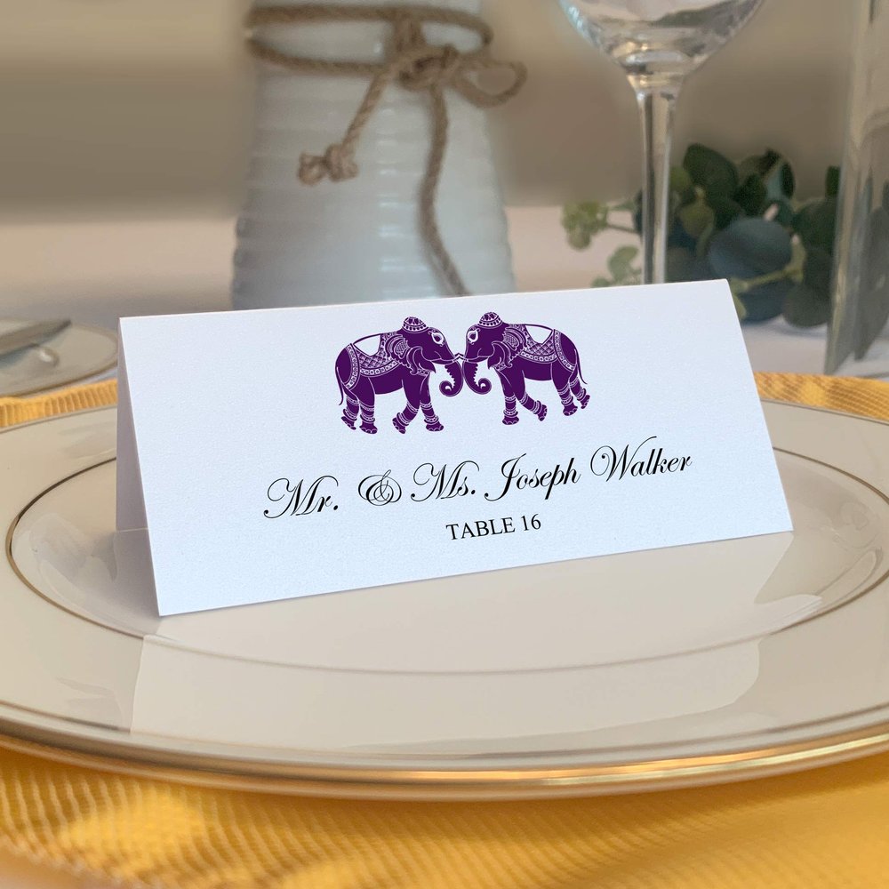 Indian Elephants Printable Place Cards, Eggplant (Choose Color), Set of 60 (10 Sheets), Laser & Inkjet Printers - Wedding, Party, Dinner, and Special Events - Made in the USA