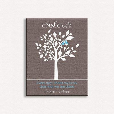 16X20 Custom Mounted Canvas Art Print Personalized Gift For Sister Every Day I Thank My Lucky Stars That You're My Sister Turquoise Birds on Taupe Background Custom Wedding Art