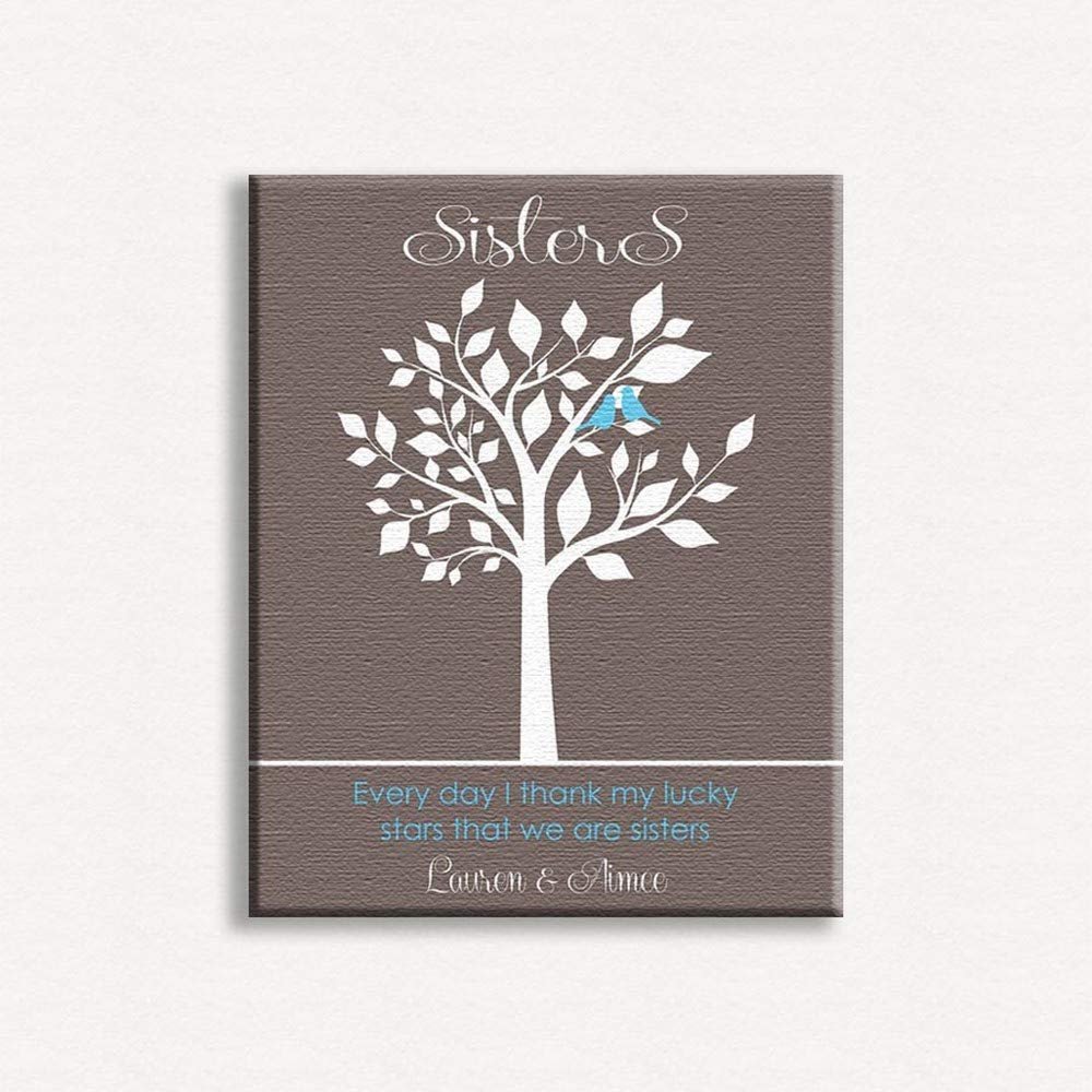 16X20 Custom Mounted Canvas Art Print Personalized Gift For Sister Every Day I Thank My Lucky Stars That You're My Sister Turquoise Birds on Taupe Background Custom Wedding Art