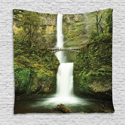 Ambesonne Jungle Tapestry, Falls Bridge Nature Waterfall Path Bare Life Trees Greenery Forest Scenery Image, Wall Hanging for Bedroom Living Room Dorm Decor, 40" X 60", Green