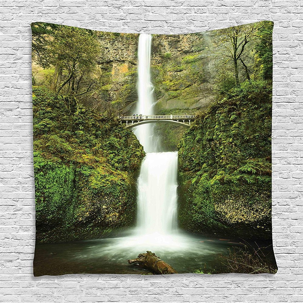 Ambesonne Jungle Tapestry, Falls Bridge Nature Waterfall Path Bare Life Trees Greenery Forest Scenery Image, Wall Hanging for Bedroom Living Room Dorm Decor, 40" X 60", Green