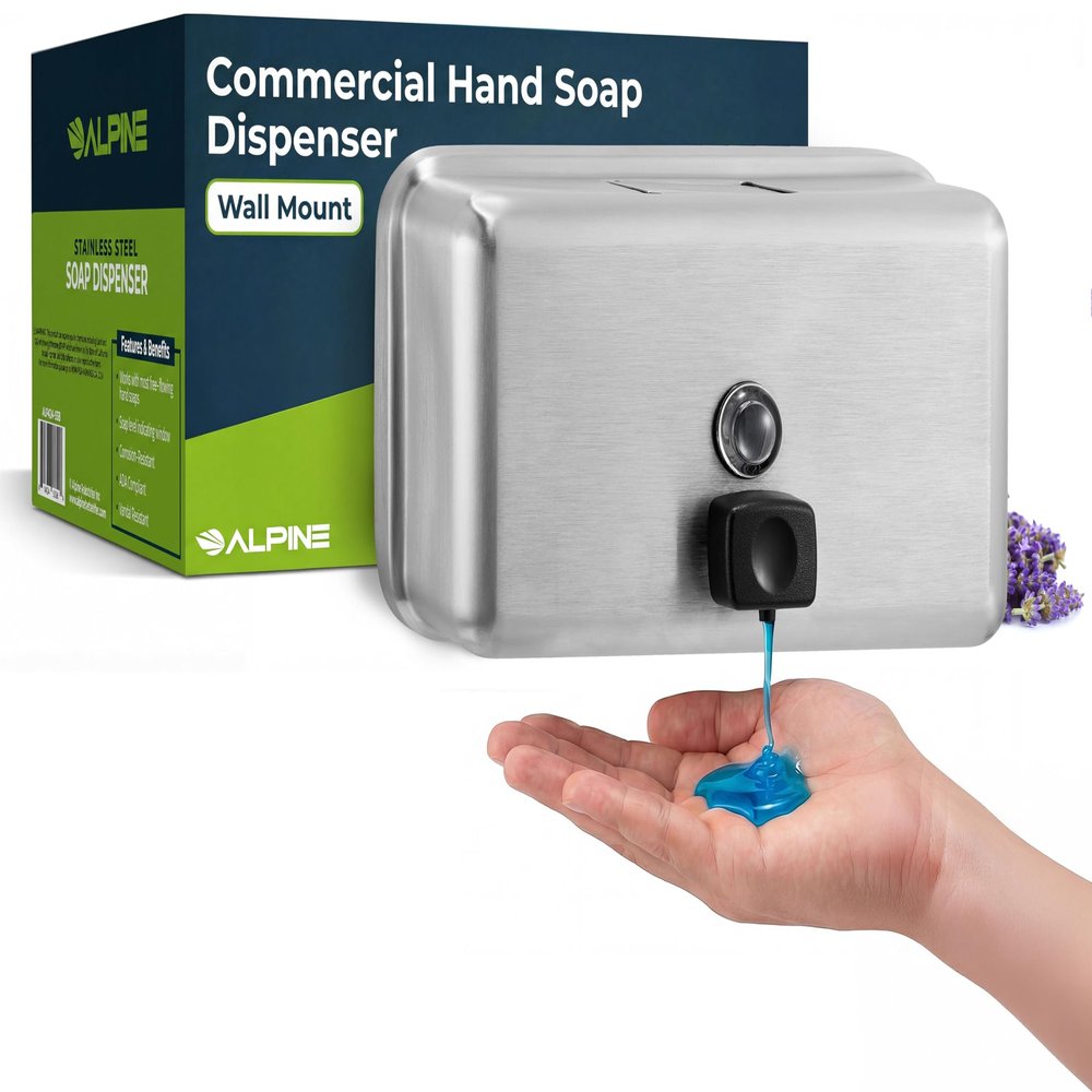 Alpine Commercial Wall-Mounted Soap Dispenser  Stainless Steel, Liquid, Manual Pump, ADA Compliant, 1200ml for High-Traffic Bathrooms (Horizontal)