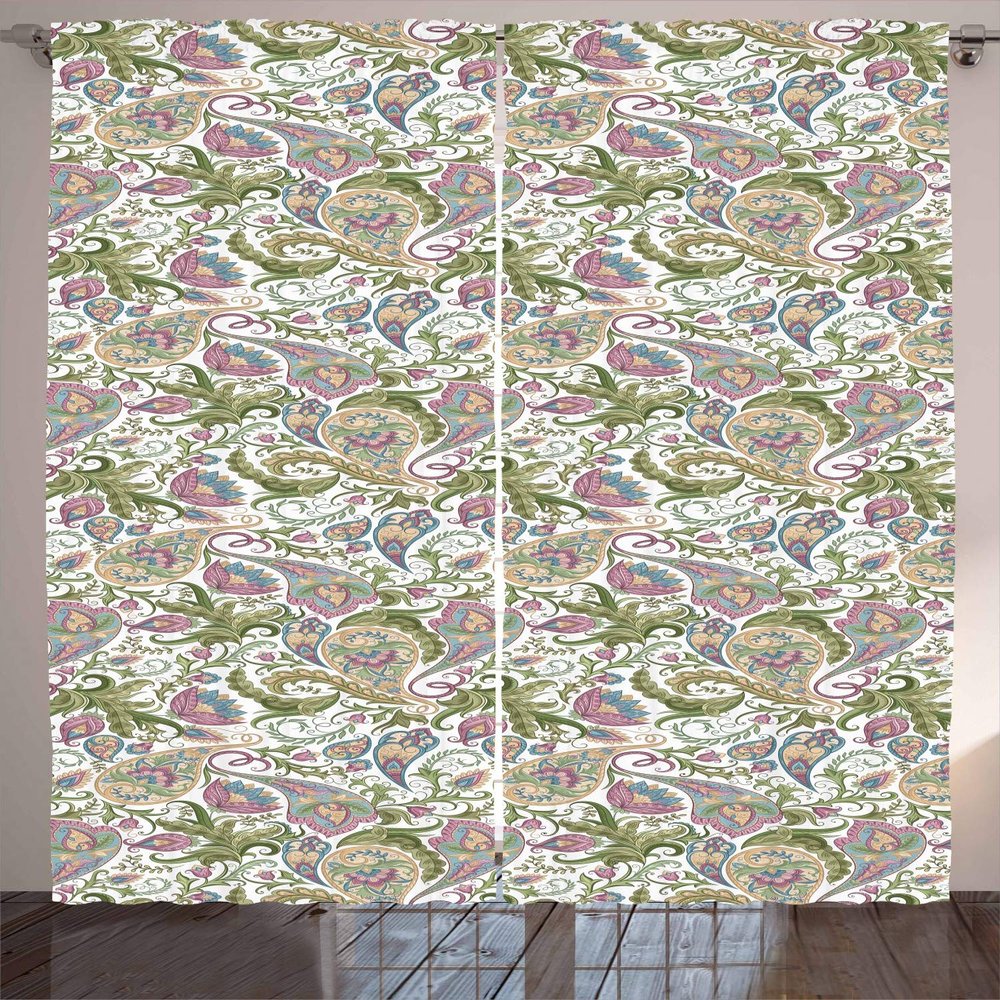 Ambesonne Paisley Curtains, Flowers Tulips Leaves and Petals Vintage Boho Design Pattern, Living Room Bedroom Window Drapes 2 Panel Set, 108" X 90", Purple and White