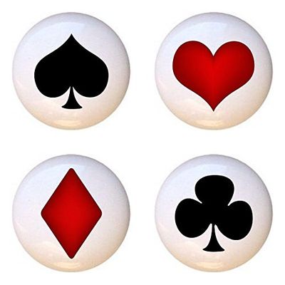 SET OF 4 KNOBS - Card Suits Spades Hearts Diamonds Clubs - Casino Gambling - DECORATIVE Glossy CERAMIC Cupboard Cabinet PULLS Dresser Drawer KNOBS