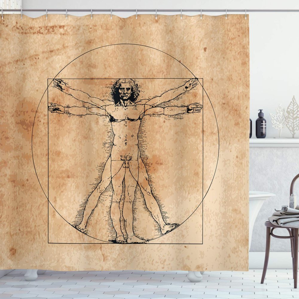 Ambesonne Human Anatomy Shower Curtain, Medieval Vitruvian Man Crosshatching Famous Italian Painting Renaissance Body Art, Cloth Fabric Bathroom Decor Set with Hooks, 69" W x 70" L, Sepia Brown Black