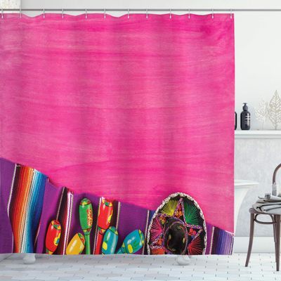 Ambesonne Mexican Shower Curtain, View of Folkloric Serape Blanket Charro and Music Instruments Cultural Elements, Cloth Fabric Bathroom Decor Set with Hooks, 69" W x 70" L, Fuchsia Purple