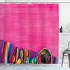 Ambesonne Mexican Shower Curtain, View of Folkloric Serape Blanket Charro and Music Instruments Cultural Elements, Cloth Fabric Bathroom Decor Set with Hooks, 69" W x 70" L, Fuchsia Purple view 1
