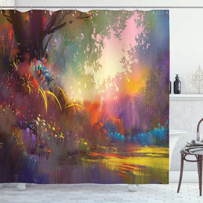 Ambesonne Fantasy Shower Curtain, Lake with Brush Effects Surreal Nature Elf Tranquil and Serene Art Print, Cloth Fabric Bathroom Decor Set with Hooks, 69" W x 70" L, Indigo Earth Yellow Multicolor