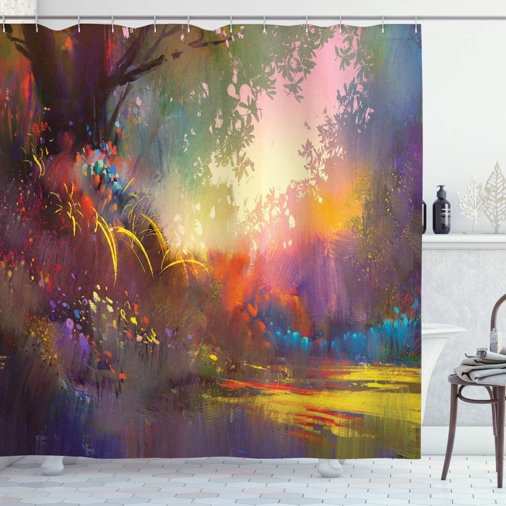 Ambesonne Fantasy Shower Curtain, Lake with Brush Effects Surreal Nature Elf Tranquil and Serene Art Print, Cloth Fabric Bathroom Decor Set with Hooks, 69" W x 70" L, Indigo Earth Yellow Multicolor