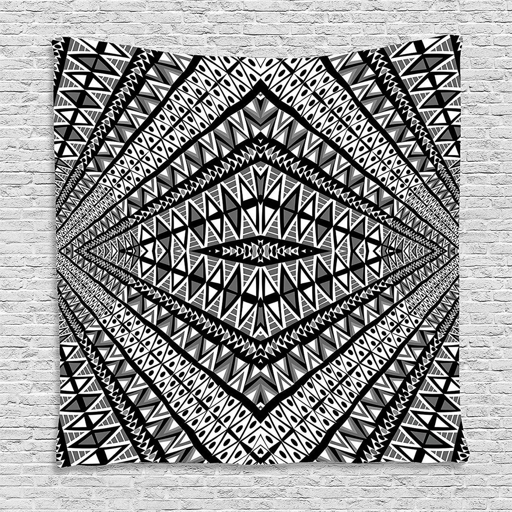 Ambesonne Psychedelic Tapestry, Geometric Dimension Ornament Motif with Triangle Diamond Forms Oriental Image, Wall Hanging for Bedroom Living Room Dorm Decor, 60" X 80", Charcoal Grey White