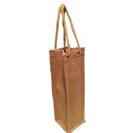 Pack of 25- Jute Burlap One Bottle Wine Tote with Long rope handles size 4"W x 14"H x 4"Gusset in Natural Color CarryGreen Bags