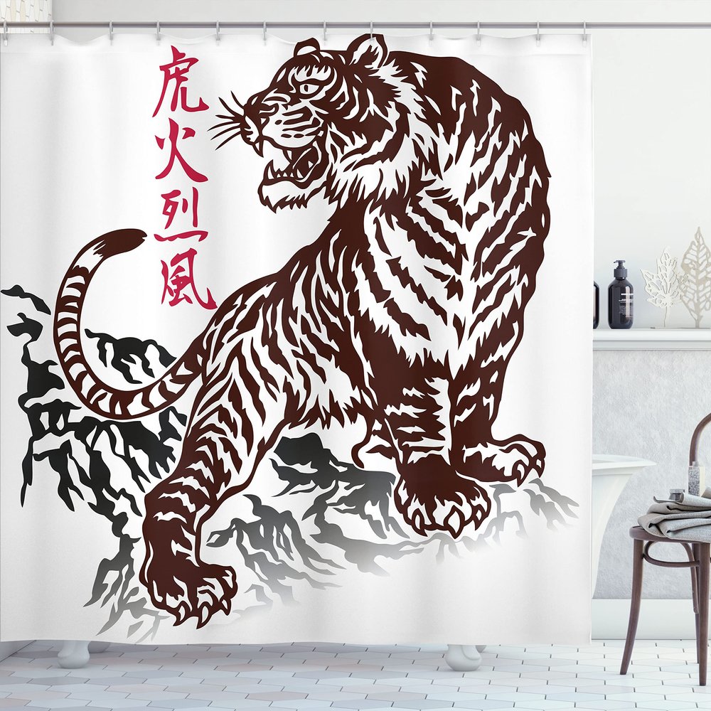 Ambesonne Tattoo Shower Curtain, Wild Chinese Tiger with Stripes and Roaring While Its Paws on Rock Pattern, Cloth Fabric Bathroom Decor Set with Hooks, 69" W x 70" L, Brown White