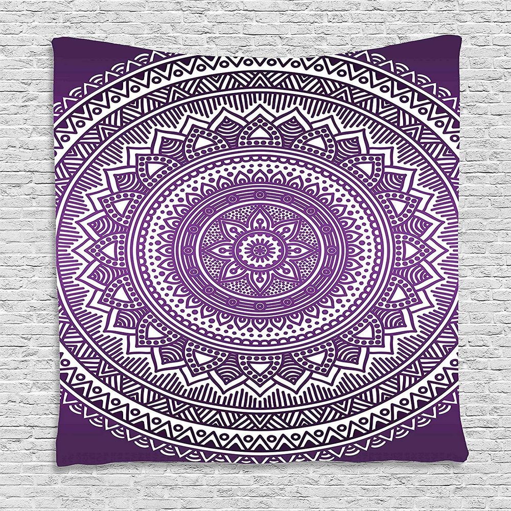 Ambesonne Purple Tapestry, Ombre Mandala Art Print Vibrant Floral Pattern Boho Hippie Inspired Design, Wall Hanging for Bedroom Living Room Dorm Decor, 60" X 80", Purple White