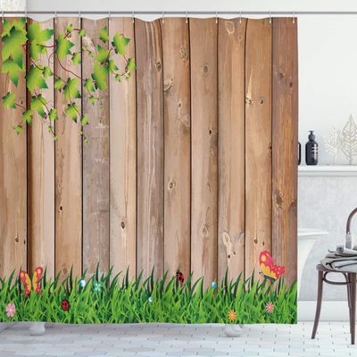 Ambesonne Farmland Shower Curtain, Fresh Spring Season Jardin with Butterflies and Ladybugs in Park Scene Art, Cloth Fabric Bathroom Decor Set with Hooks, 69" W x 84" L, Camel Fern Green Brown