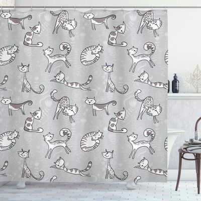 Ambesonne Grey Shower Curtain, Cats Posing Over Floral Background Feline Kitten Kitty Cartoon Art Prints, Cloth Fabric Bathroom Decor Set with Hooks, 69" W x 84" L, White