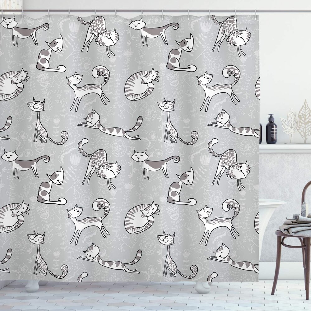 Ambesonne Grey Shower Curtain, Cats Posing Over Floral Background Feline Kitten Kitty Cartoon Art Prints, Cloth Fabric Bathroom Decor Set with Hooks, 69" W x 84" L, White