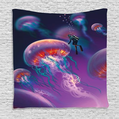 Ambesonne Fantasy Tapestry, Diver with Giant Jellyfish Underwater World Artisan Image Marine Design, Wall Hanging for Bedroom Living Room Dorm Decor, 60" X 80", Purple Blue