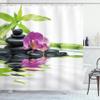Ambesonne Floral Boho Shower Curtain, Closeup Photography of an Orchid Flower and Stones with Asian Tree Print, Cloth Fabric Bathroom Decor Set with Hooks, 69" W x 84" L, Purple and Black view 1