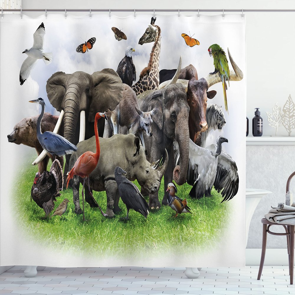 Ambesonne Animals Shower Curtain, Digital Pictures Collage Style Image of Wild Fauna Creatures Zoo Theme Print Art, Cloth Fabric Bathroom Decor Set with Hooks, 69" W x 84" L, Multicolor Off White