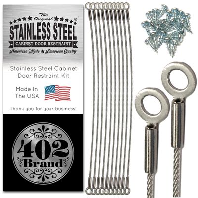 402 Brand Stainless Steel Cabinet Door Restraint Kit. Made in USA. Flexible Braided Cable. Cupboard Hinge Limiter. Restrict Cabinet Door Swing. Limit Door Opening Angle. (10 Pack)