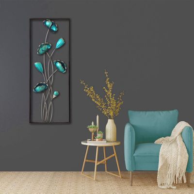 All American Collection New Modern Chic Aluminum/Metal Wall Decor Frame 12"x30" (Turquoise Closed Flowers)
