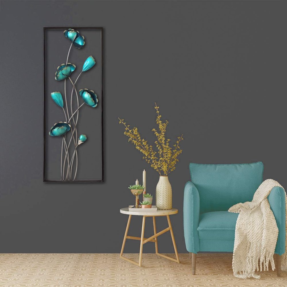 All American Collection New Modern Chic Aluminum/Metal Wall Decor Frame 12"x30" (Turquoise Closed Flowers)
