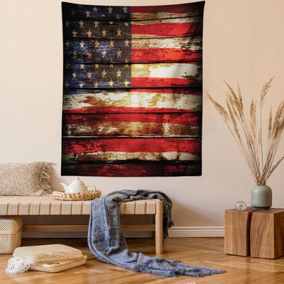 Ambesonne American Flag Tapestry, Us over Old Rusty Tones Weathered Vintage Social Plank Art, Wall Hanging for Bedroom Living Room Dorm Decor, 40" X 60", Red Blue