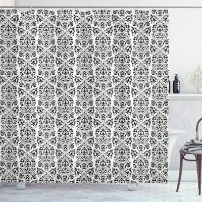 Ambesonne Flower Shower Curtain, Floral Paisley Design with Eastern Effects Curved Leaves and Swirls Oriental Art, Cloth Fabric Bathroom Decor Set with Hooks, 69" W x 75" L, Black White