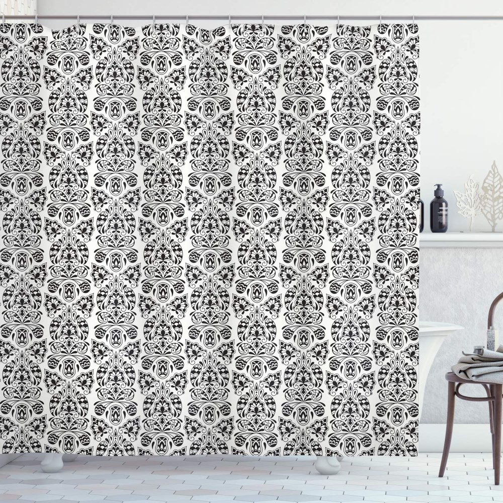 Ambesonne Flower Shower Curtain, Floral Paisley Design with Eastern Effects Curved Leaves and Swirls Oriental Art, Cloth Fabric Bathroom Decor Set with Hooks, 69" W x 75" L, Black White