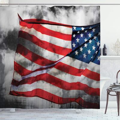 Ambesonne American Flag Shower Curtain, Banner in The Sky on Cloudy Mist Display National Proud of Heritage, Cloth Fabric Bathroom Decor Set with Hooks, 69" W x 84" L, Grey Red Blue