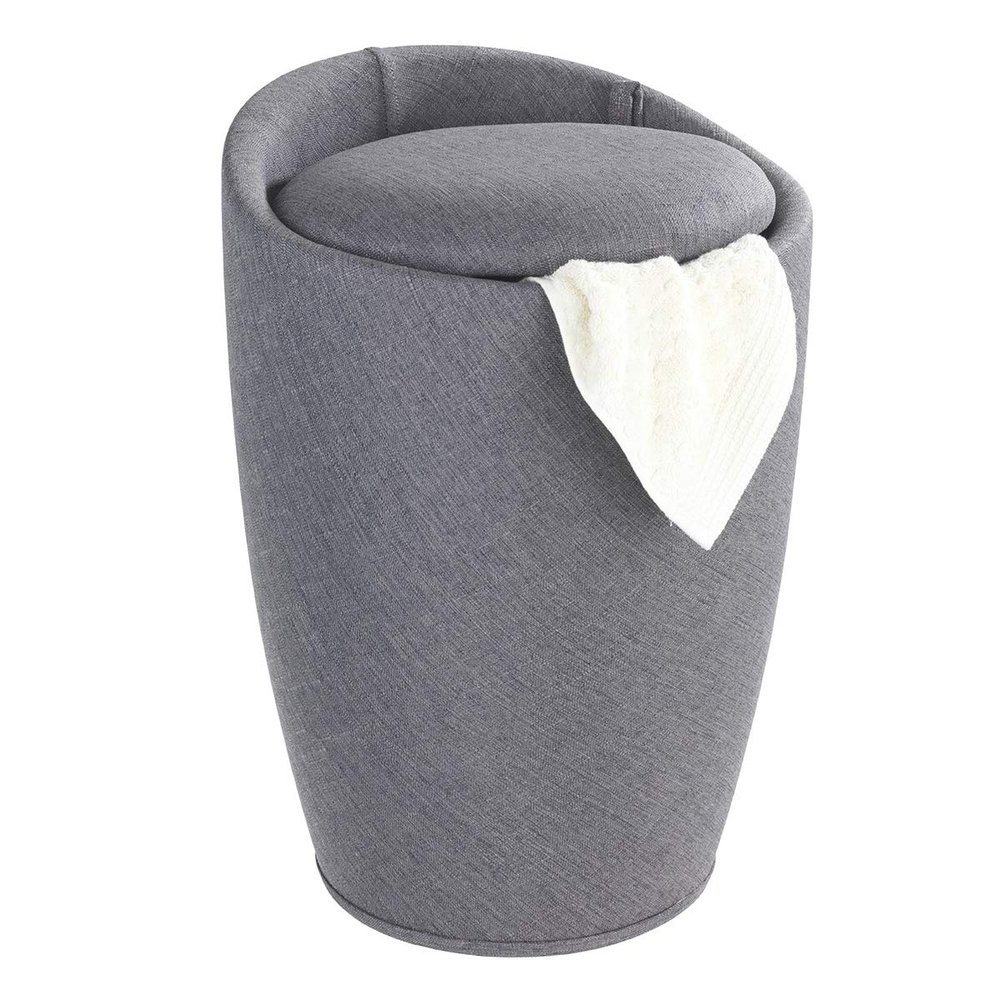 Wenko Candy Linen Look-Bathroom Stool, bin with Removable Laundry Bag, Grey/Black, 36 x 36 x 50.5 cm