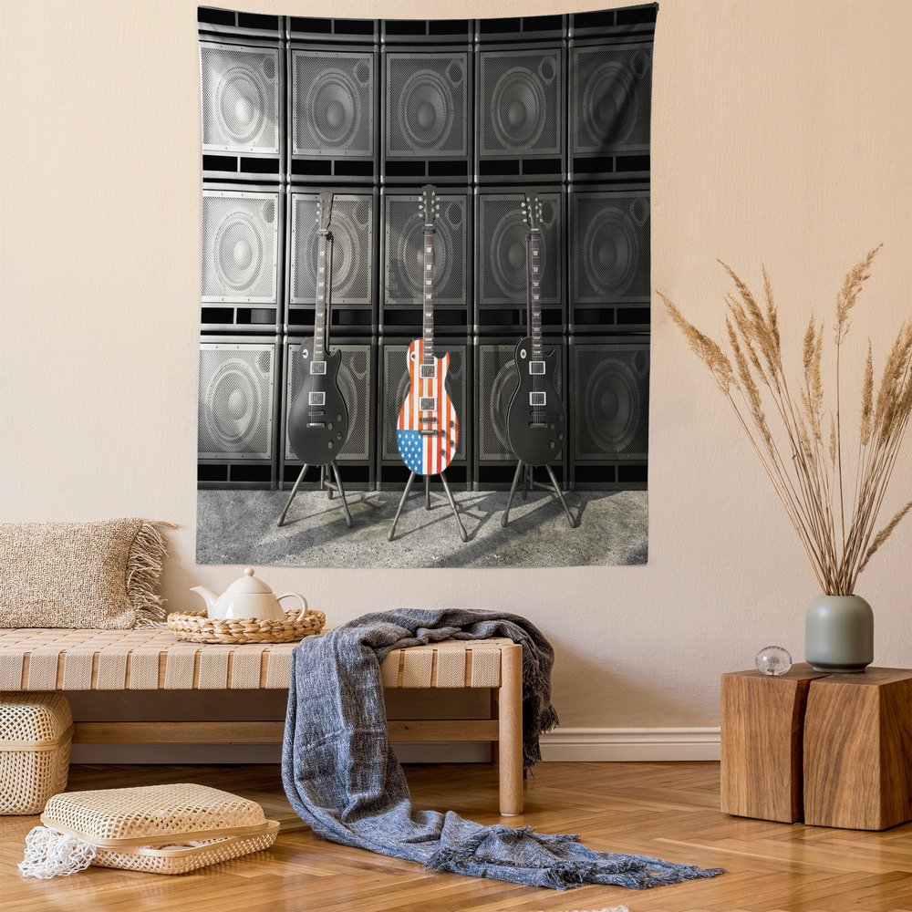 Ambesonne American Flag Tapestry, Black and Us Bass Guitar Electronic Rock Music Theme Digital Graphic Work, Wall Hanging for Bedroom Living Room Dorm Decor, 60" X 80", Charcoal Red