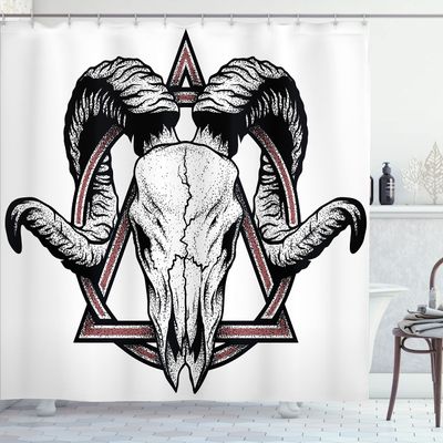Ambesonne Tattoo Shower Curtain, Skull of a Bull with Horns Tangled Geometric Simple Artwork Image, Cloth Fabric Bathroom Decor Set with Hooks, 69" W x 70" L, Red White and Black