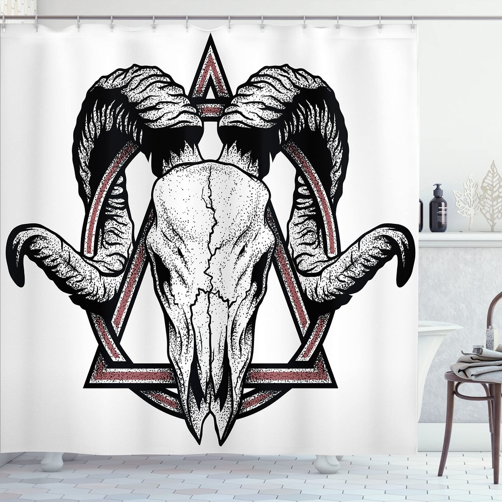 Ambesonne Tattoo Shower Curtain, Skull of a Bull with Horns Tangled Geometric Simple Artwork Image, Cloth Fabric Bathroom Decor Set with Hooks, 69" W x 70" L, Red White and Black