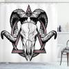 Ambesonne Tattoo Shower Curtain, Skull of a Bull with Horns Tangled Geometric Simple Artwork Image, Cloth Fabric Bathroom Decor Set with Hooks, 69" W x 70" L, Red White and Black view 1